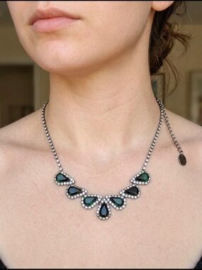 Icing silver tone green Rhinestone statement necklace